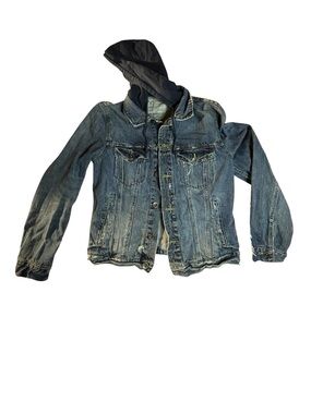 Vintage American Eagle Outfitters Blue Denim Jacket with Navy Blue Hood